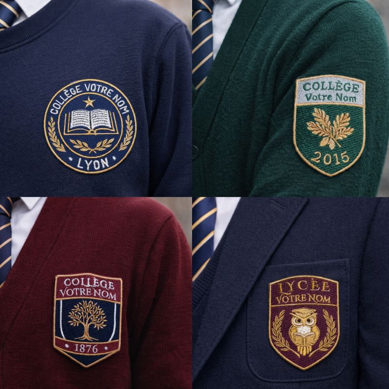 Collection of embroidered school crest patches in different colours