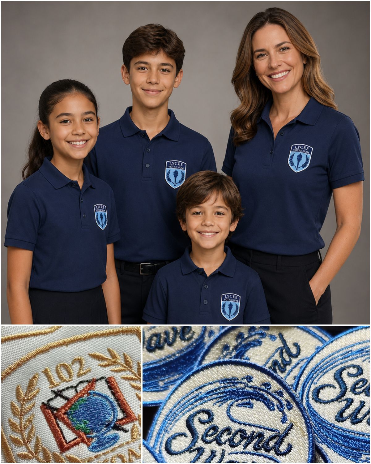 Close detail of embroidered school crest patches stitched on fabric in our atelier in Europe